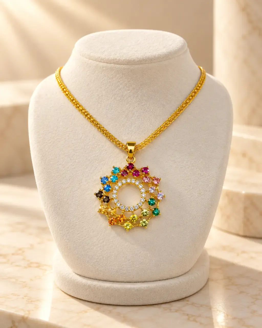 Rainbow Gemstone Halo Necklace