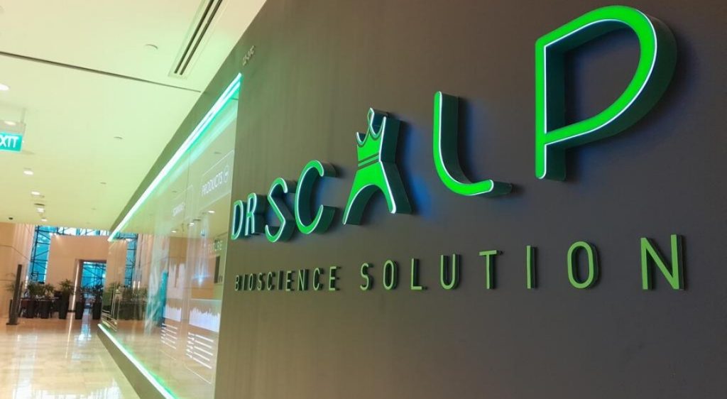 DrScalp bioscience solution sign in modern clinic setting, emphasizing innovative hair and scalp health treatments.