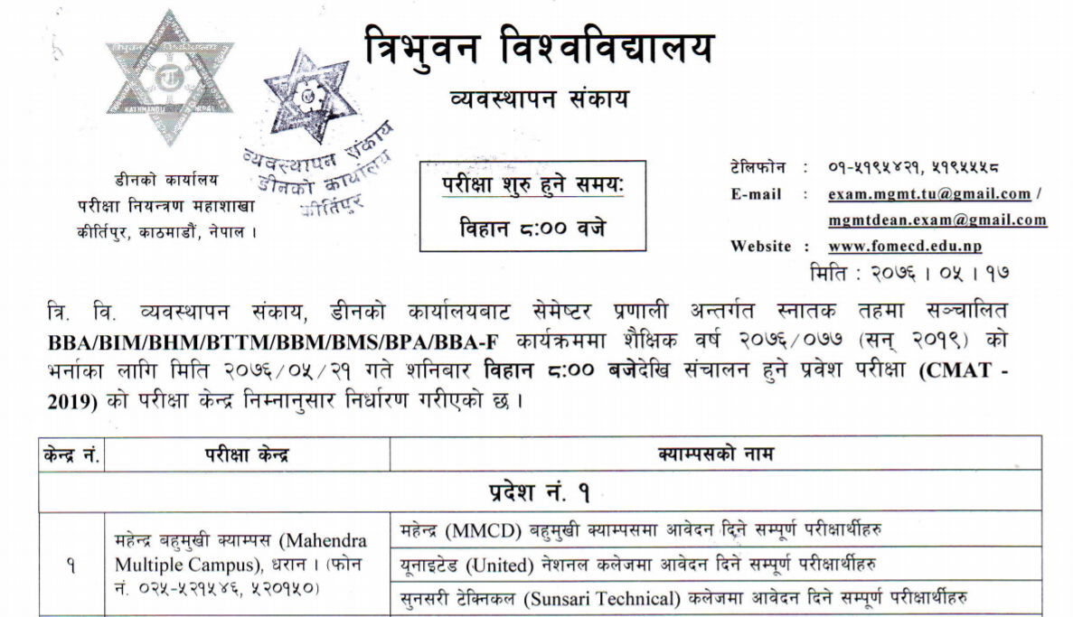 Cmat Entrance Exam Result 2019 Published Tribhuvan University