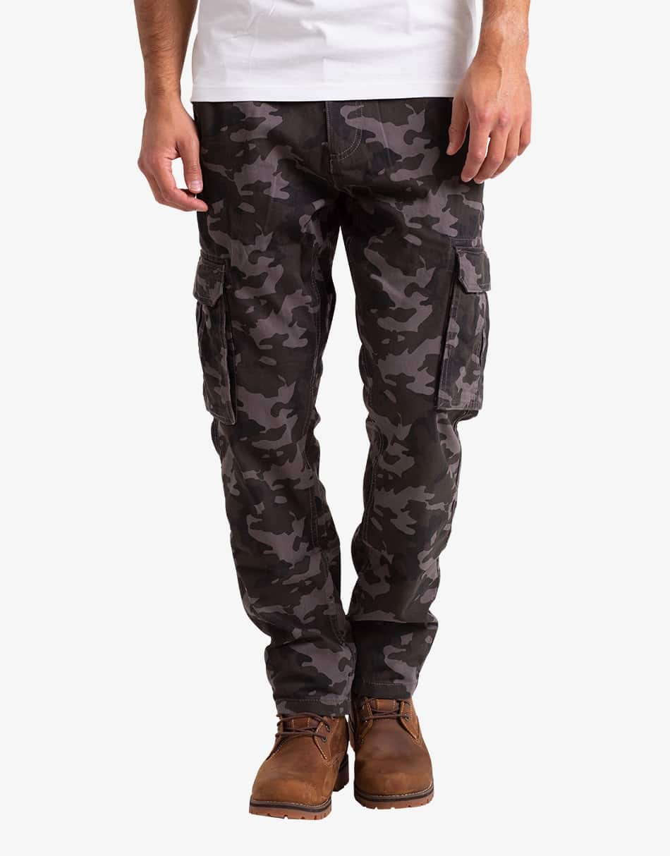 Plus Skinny Stacked Flare Gusset Camo Cargo Trouser | boohooMAN