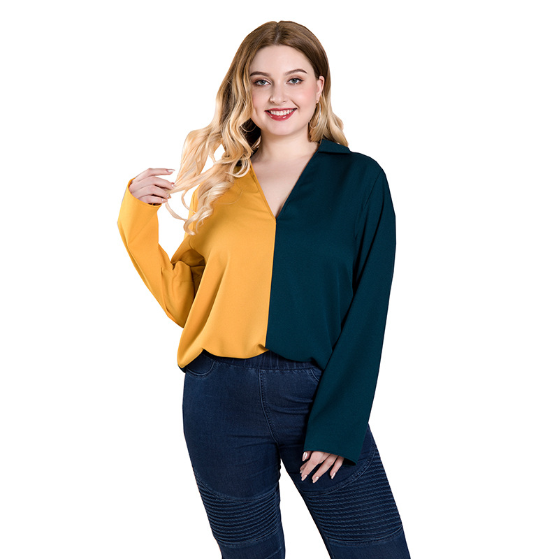 A new style autumnal plus size blouse with long sleeves with green and yellow harmonious colors gives you a feminine impression and elegant allure