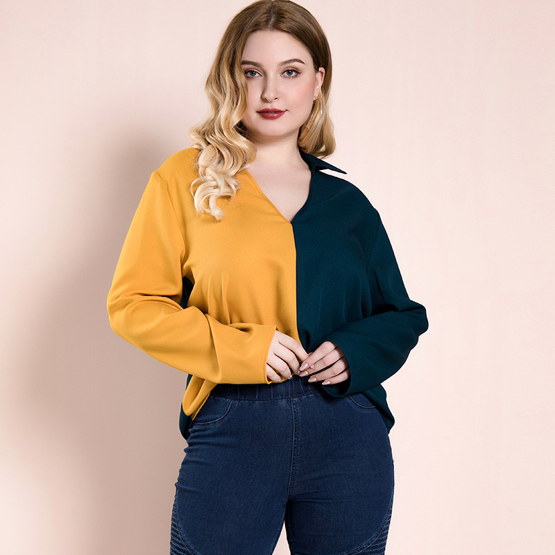 A new style autumnal plus size blouse with long sleeves with green and yellow harmonious colors gives you a feminine impression and elegant allure