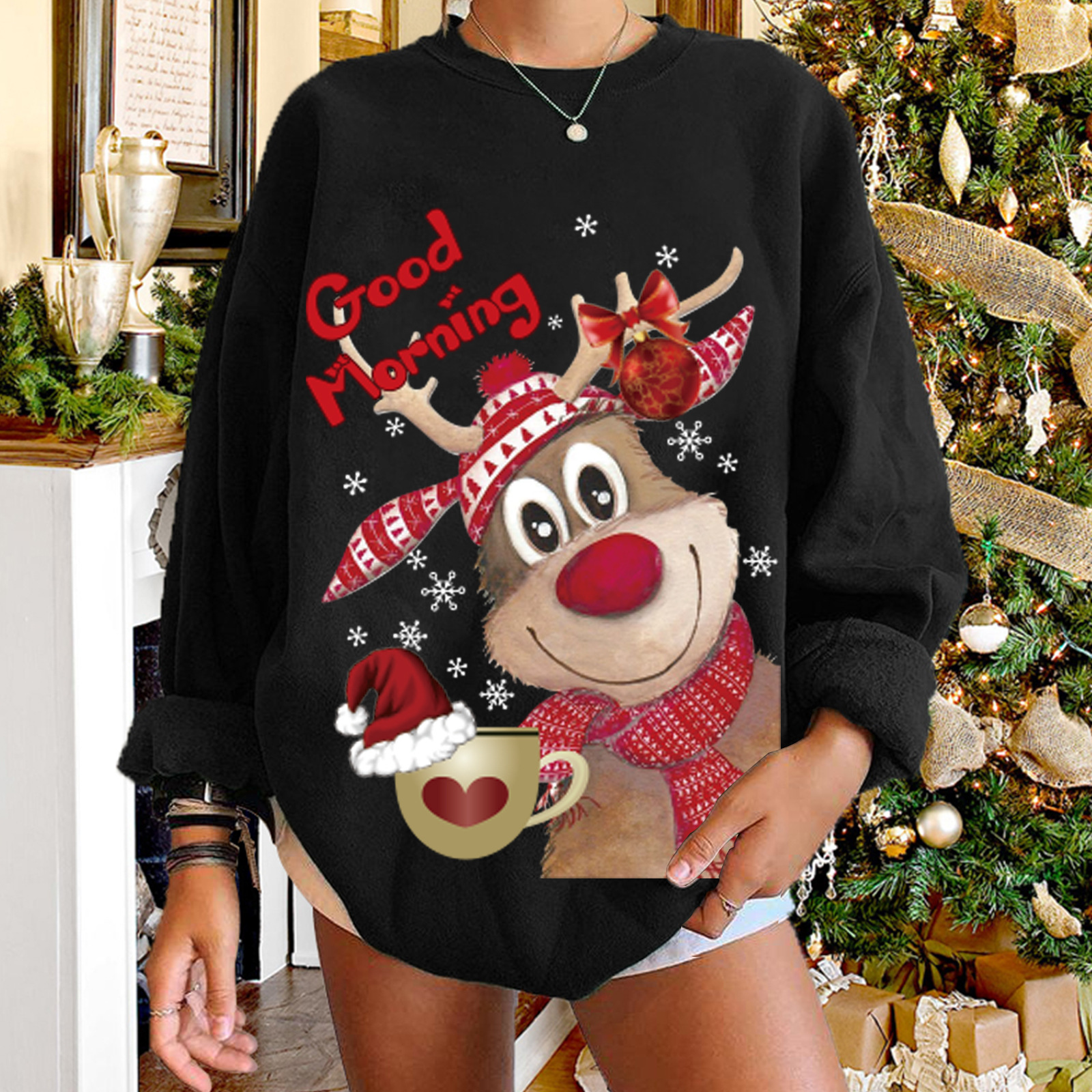 Good Morning Christmas sweater Christmas big deer print sweater women Christmas sweater