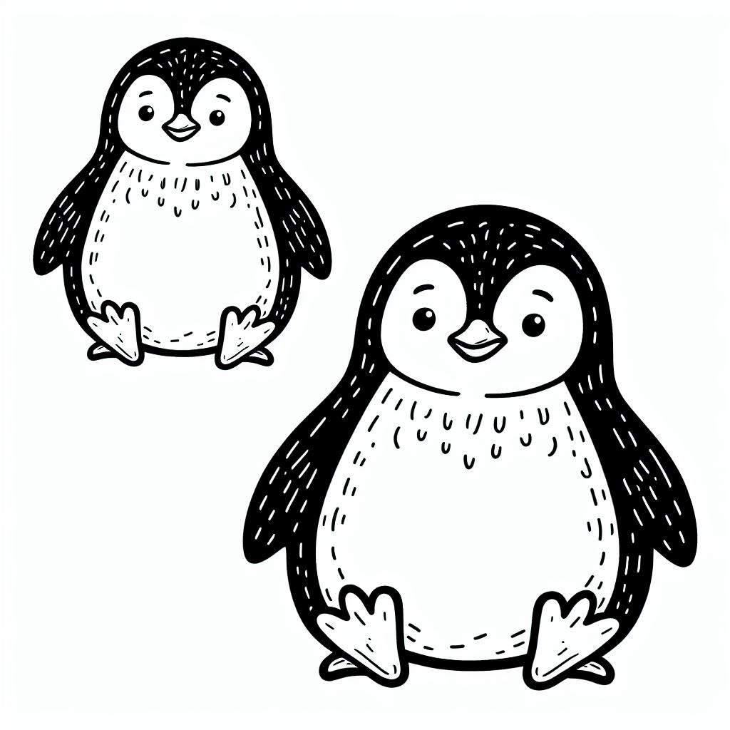 A black and white drawing of two penguins