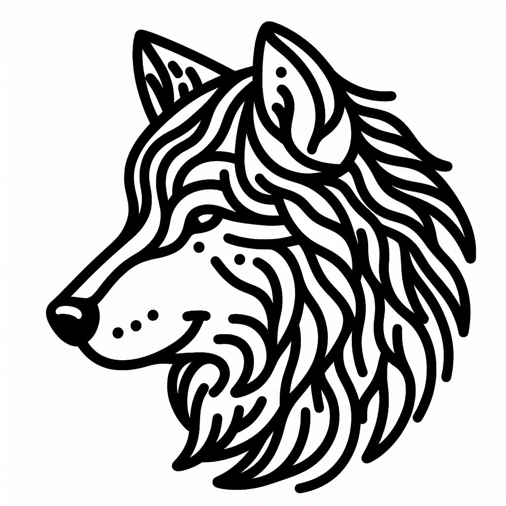 A black and white drawing of a wolf's head