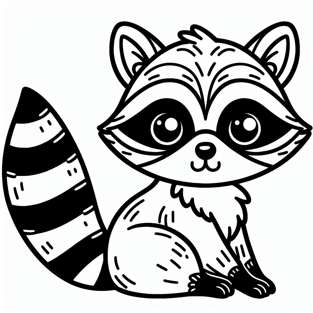 A raccoon sitting down with a striped tail