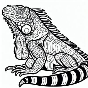 A coloring book page with a large lizard