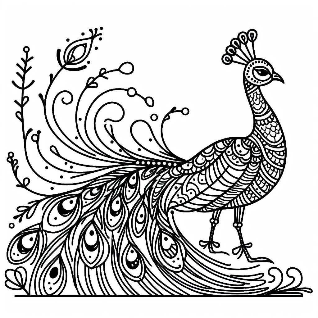 A black and white drawing of a peacock