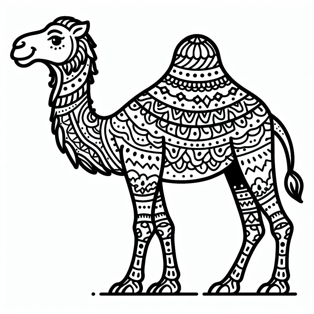 A black and white drawing of a camel