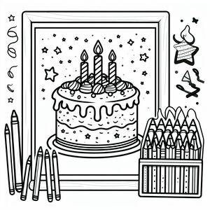 A coloring page with a birthday cake and crayons