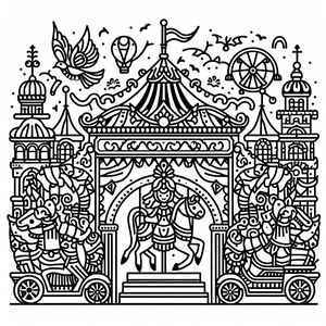 A black and white drawing of a carousel