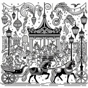 A black and white drawing of a merry go round