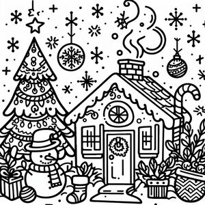 A black and white drawing of a christmas house