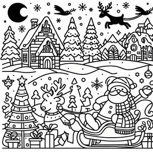 A black and white drawing of a christmas scene