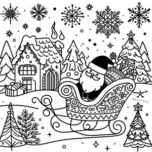 A black and white drawing of a santa sleigh
