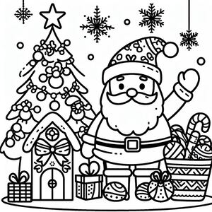 A christmas coloring page with a santa clause next to a christmas tree