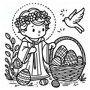 A black and white drawing of a girl with a basket of eggs