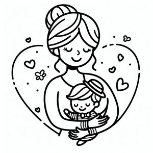 Một bức vẽ đen trắng của một người phụ nữ đang bế một đứa trẻ