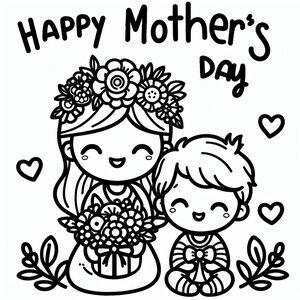 A mother's day coloring page with a girl holding a bouquet of flowers