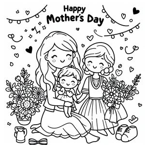 Trang tô màu Ngày của Mẹ với hai bé gái và một em bé