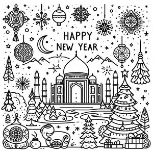 A black and white drawing of a happy new year