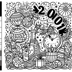 A black and white drawing of a new year's eve