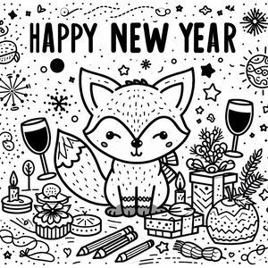 A black and white happy new year card with a fox holding a glass of wine
