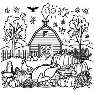 A black and white drawing of a farm scene