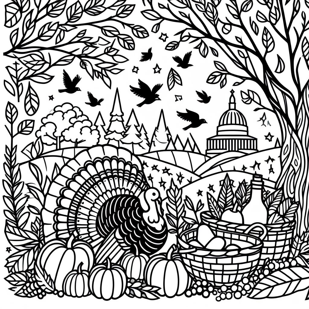 A black and white drawing of a turkey in a basket