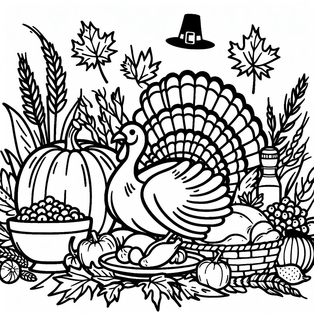 A black and white thanksgiving coloring page with a turkey