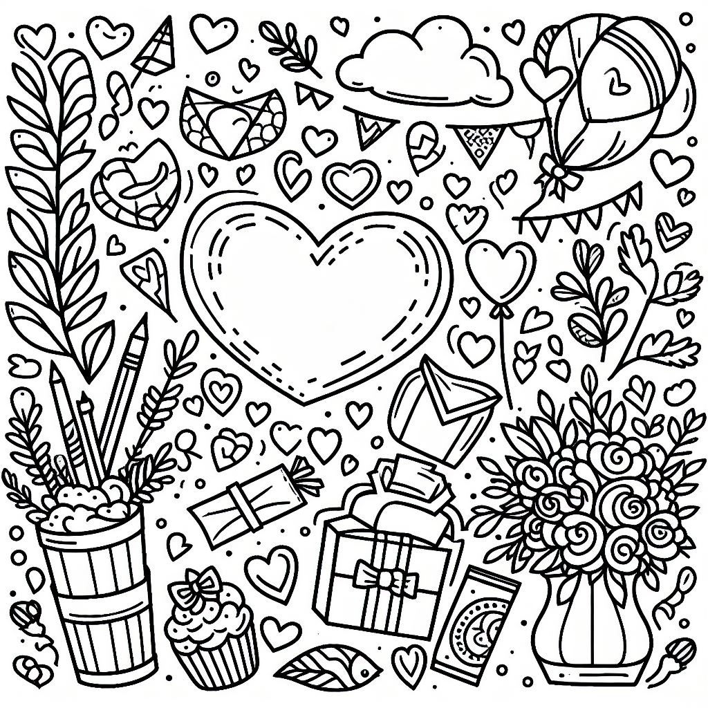 A black and white drawing of a heart surrounded by flowers