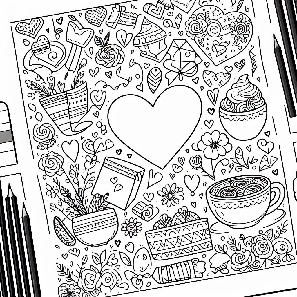 Một trang tô màu với một trái tim được bao quanh bởi các hình vẽ nguệch ngoạc