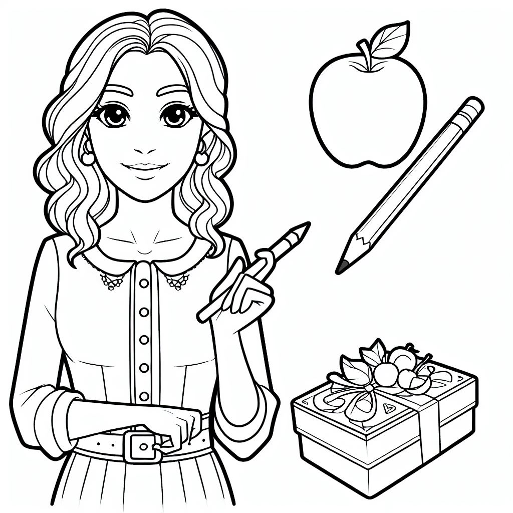 A girl holding a pencil and an apple