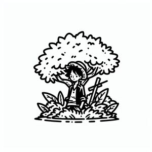 A black and white drawing of a person sitting under a tree