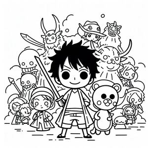 A black and white drawing of an anime character surrounded by other characters