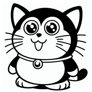 A black and white cartoon cat with a collar