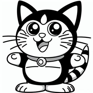 A black and white cartoon cat with its tongue out