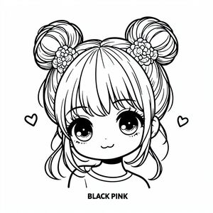 A black and white drawing of a girl with big eyes
