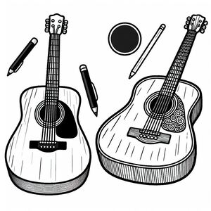 A black and white drawing of two guitars