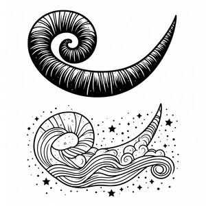 A black and white drawing of a crescent and stars