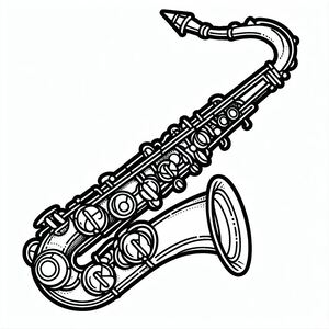 A black and white drawing of a saxophone