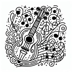 A black and white drawing of a guitar surrounded by musical notes