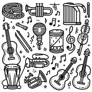A black and white drawing of musical instruments 3