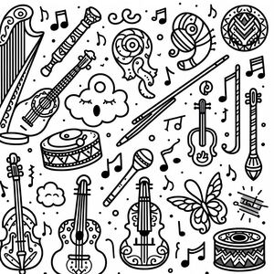 A black and white drawing of musical instruments