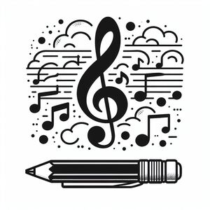 A black and white drawing of a pencil and music notes