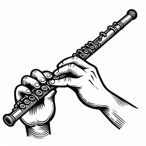 A hand holding a flute in black and white