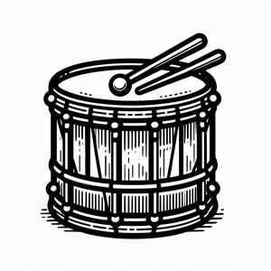 A black and white drawing of a drum and sticks