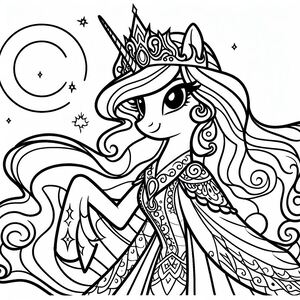 Một trang tô màu của một công chúa với mái tóc dài và vương miện