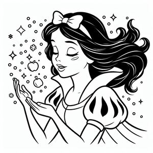 A black and white drawing of a girl blowing bubbles