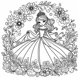 A coloring page with a girl in a dress surrounded by flowers